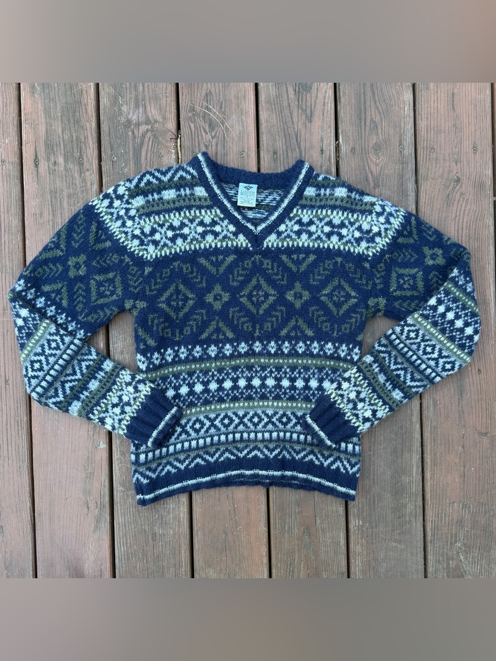 Columbia Sweater Woman M Navy Fair Isle Shetland Wool V Neck Nordic Outdoor VTG